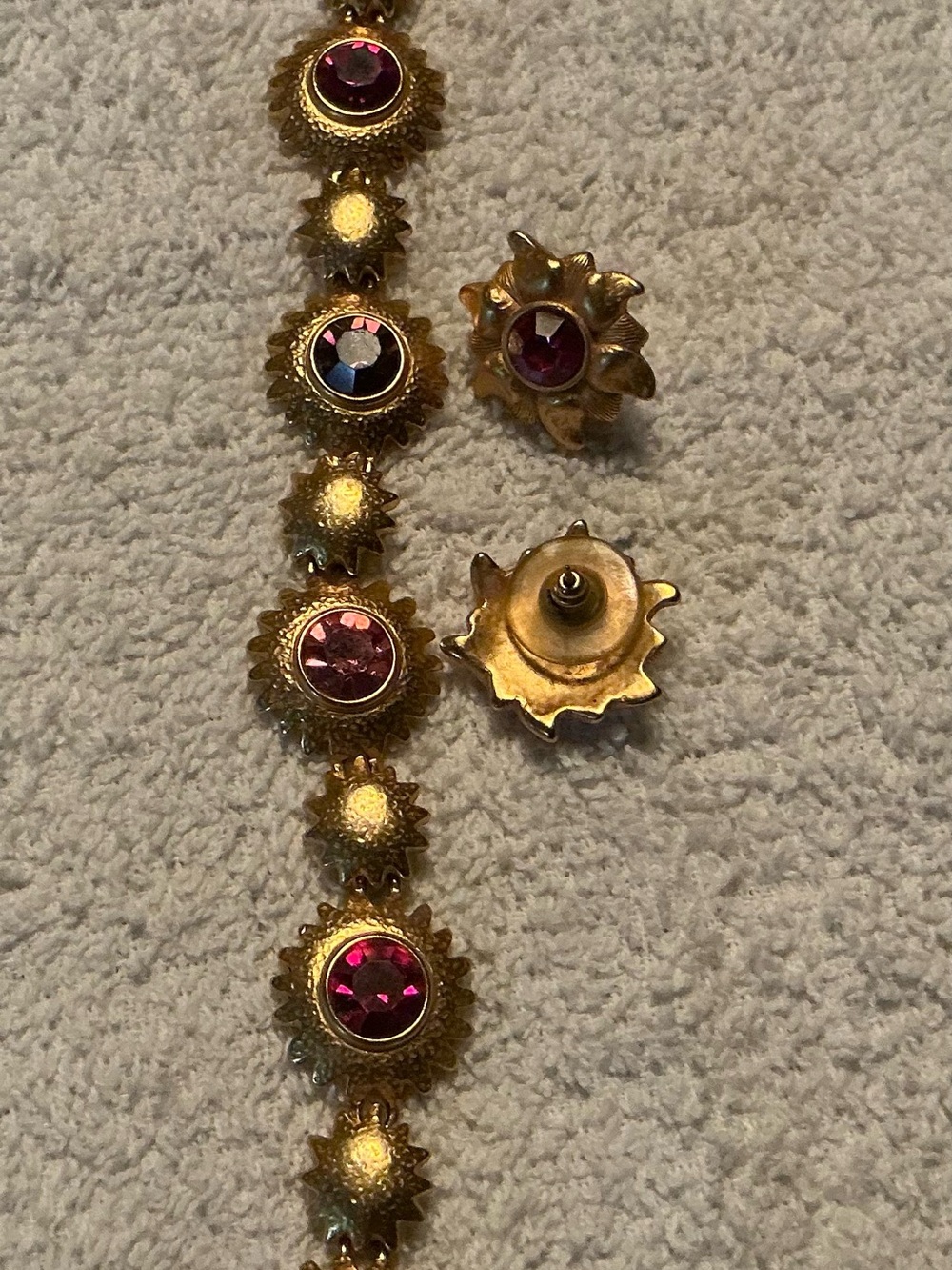 Gold-Tone Bracelet and Earrings Set with Pink Stones